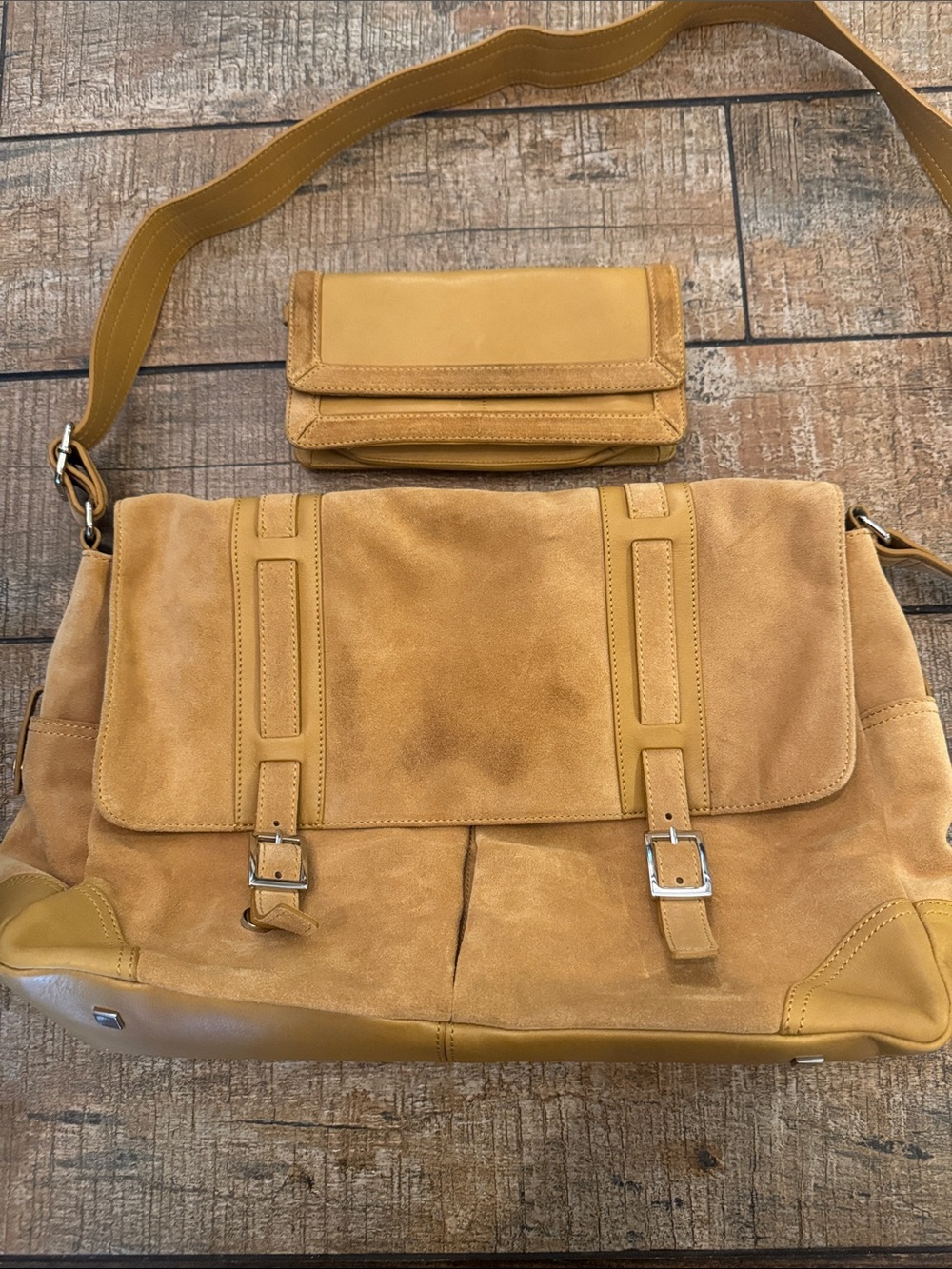 Levenger Suede Shoulder Bag in Mustard